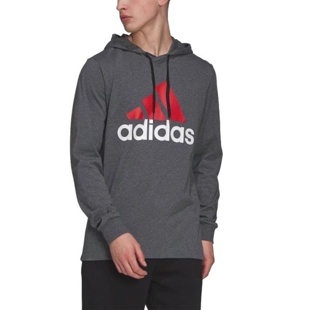 Adidas Mens Gray Red Logo Lightweight Hoodie Long Sleeve Shirt Small